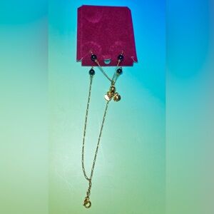 Vintage Gold Tone Frog Pendant Necklace with Blue‎ Beads & Delicate Chain